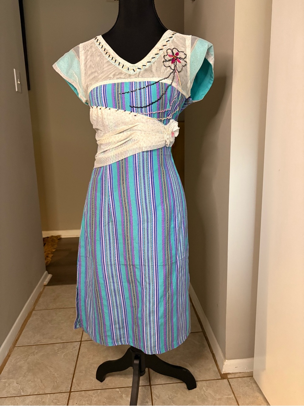 Women's Striped Midi Dress in Aqua & Purple